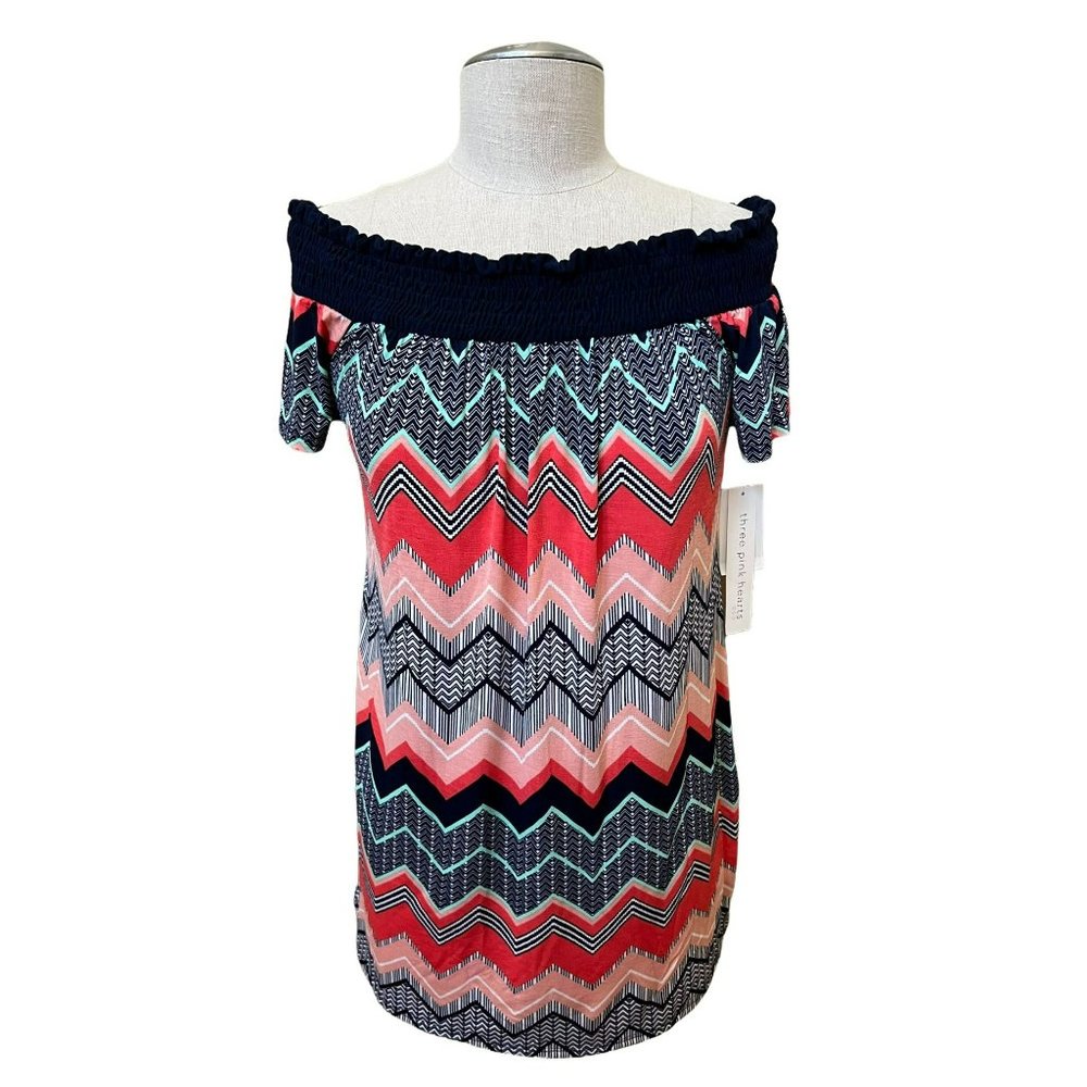 NEW Women's Three Pink Hearts Off The Shoulder Strap Multicolor Dress Size XS